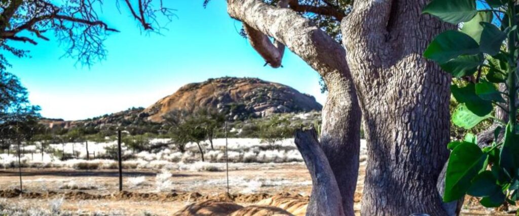 View of granite hills from the Karibu Omaruru River Camp campsite
