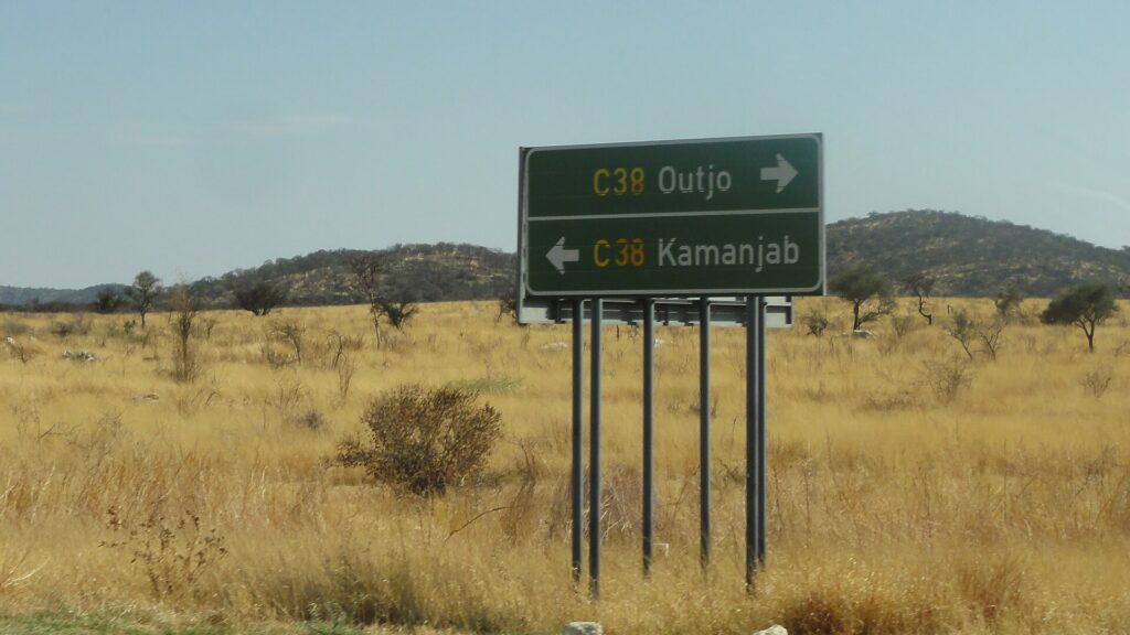 Kamanjab before Etosha route sign on the C38 towards western Namibia