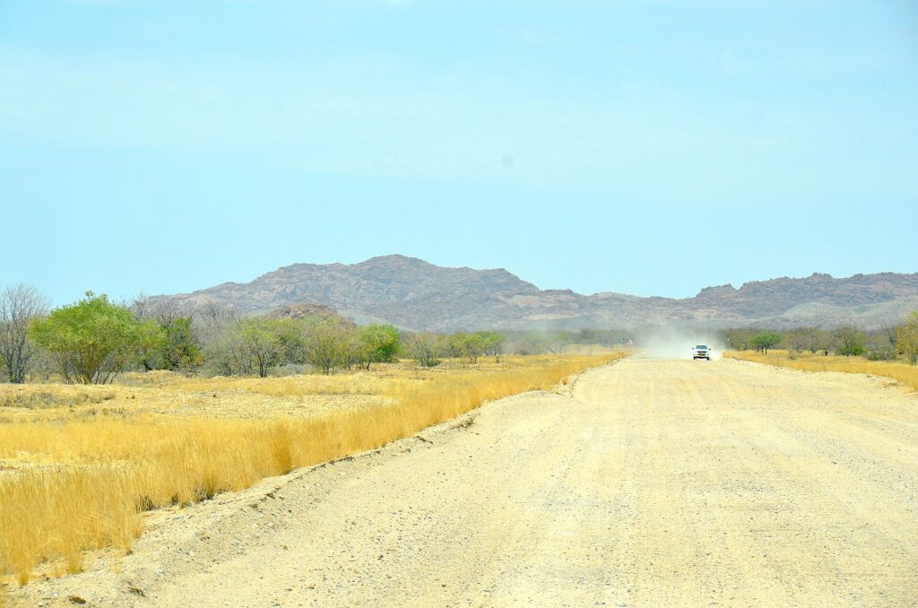 Namibian gravel road on a route towards Etosha National Park