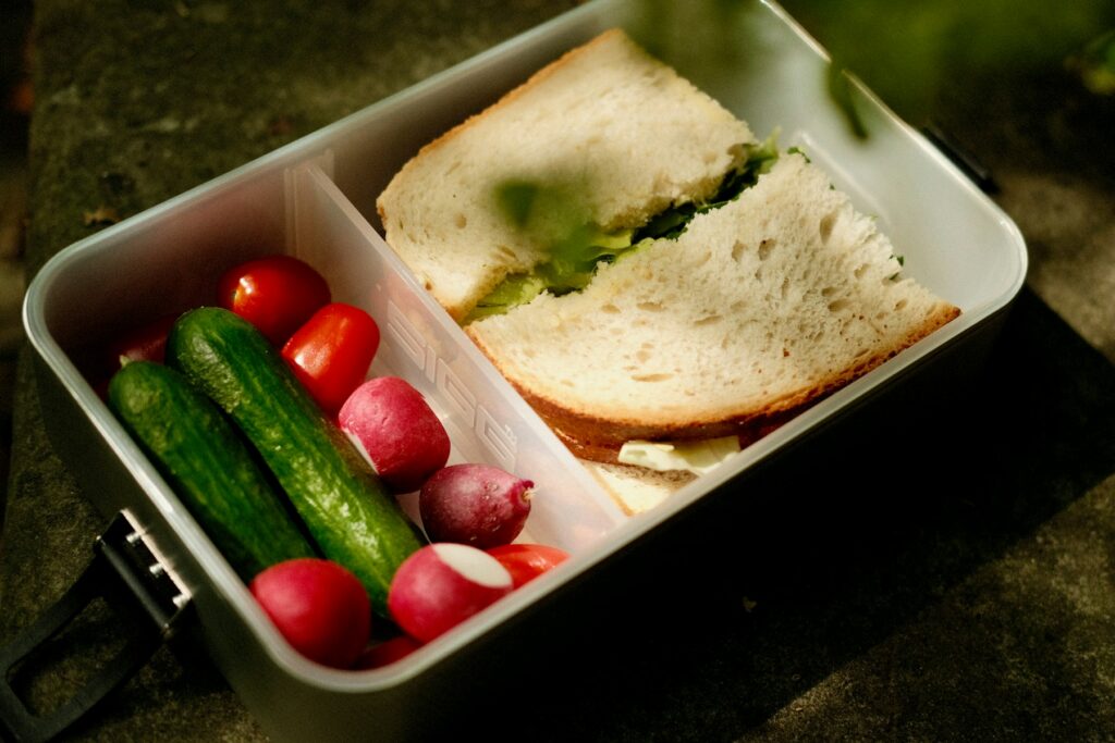 Etosha lunch options including a sandwich and fresh vegetables in a secure lunchbox
