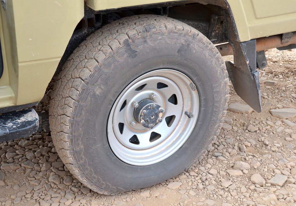 Flat tyre illustrating a puncture on an Etosha self-drive
